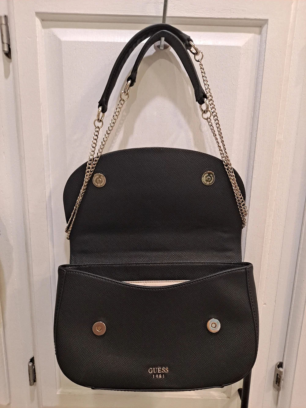 GUESS 1981 Augustina Black Saffiano Curved Flap Oversized Crossbody Bag
